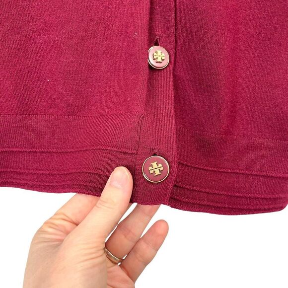 Tory Burch Madison merino wool logo button cardigan Size XS cherry maroon red - Picture 6 of 8